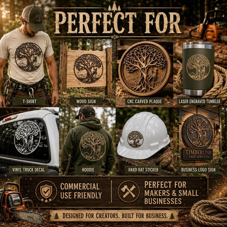 May include: An advertisement featuring various products with a tree and deer design, including a t-shirt, wood sign, plaque, tumbler, truck decal, hoodie, hard hat sticker, and business logo sign. The text reads "Perfect For" and "Designed for Creators. Built for Business."