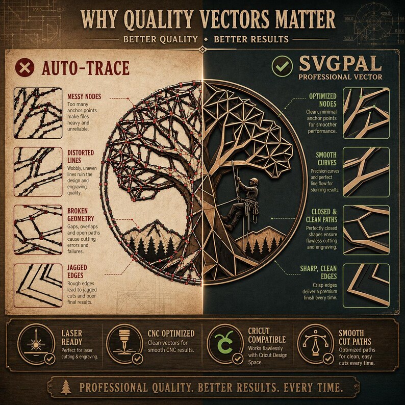 May include: An infographic comparing vector graphics quality, with the text "WHY QUALITY VECTORS MATTER." The left side shows "AUTO-TRACE" issues like messy nodes and jagged edges. The right side highlights "SVGPAL" features: optimized nodes, smooth curves, and sharp edges.