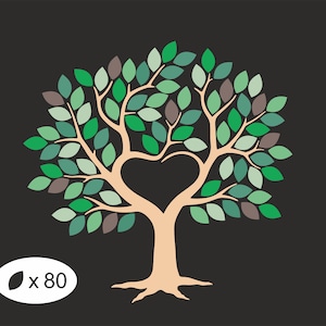Clipart livre d'or de mariage de 80 feuilles, arbre avec fichier SVG coeur, arbre avec arbre de mariage de 80 feuilles pour découpe Cricut, livre d'or de mariage d'arbre