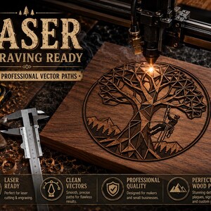 May include: A laser engraving machine in operation, etching a detailed tree design onto a square wooden plaque. The text "LASER ENGRAVING READY" and other descriptive text are visible. Tools like a caliper and gloves are in the frame.
