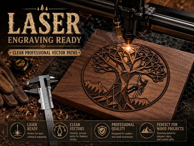 May include: A laser engraving machine in operation, etching a detailed tree design onto a square wooden plaque. The text "LASER ENGRAVING READY" and other descriptive text are visible. Tools like a caliper and gloves are in the frame.