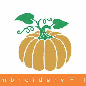 May include: An embroidered pumpkin design with a golden-orange body and green leaves and vines. The text "Embroidery File" is displayed in white letters on an orange banner at the bottom of the image. The design is set against a white background.