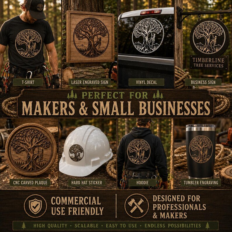 May include: A collection of items featuring a tree and mountain design, including a t-shirt, laser engraved sign, vinyl decal, business sign, CNC carved plaque, hard hat sticker, hoodie, and tumbler engraving. The text reads "MAKERS & SMALL BUSINESSES".