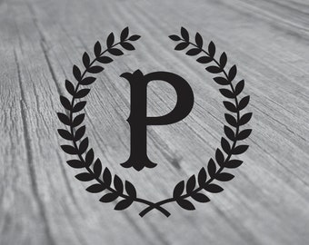 Laurel with Letter P SVG Cricut Initial Pillow P Laser Cutting and Engraving Elegant Logo Iron on Transfer P Letter clipart Cameo Silhouette