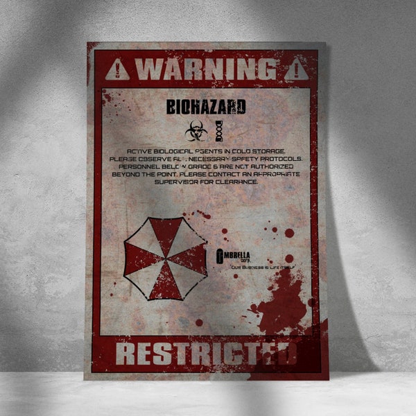 Resident Evil Inspired - Warning! - Umbrella Biohazard Facility Restricted Area - Replica Prop Sign Art Print A4 A3 A2 A1 & Metal Sign