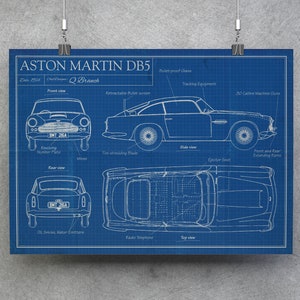 James Bond 007 Inspired - Aston Martin Q Branch DB5 Blueprint A4 A3 A2 A1 Art Print