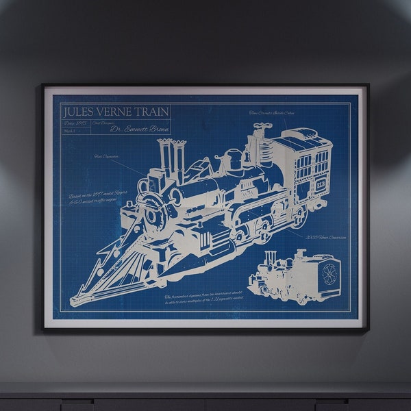 Back to the Future Inspired Jules Verne Flying Future Train Time Machine Blue Print A4 A3 A2 A1 Art Print