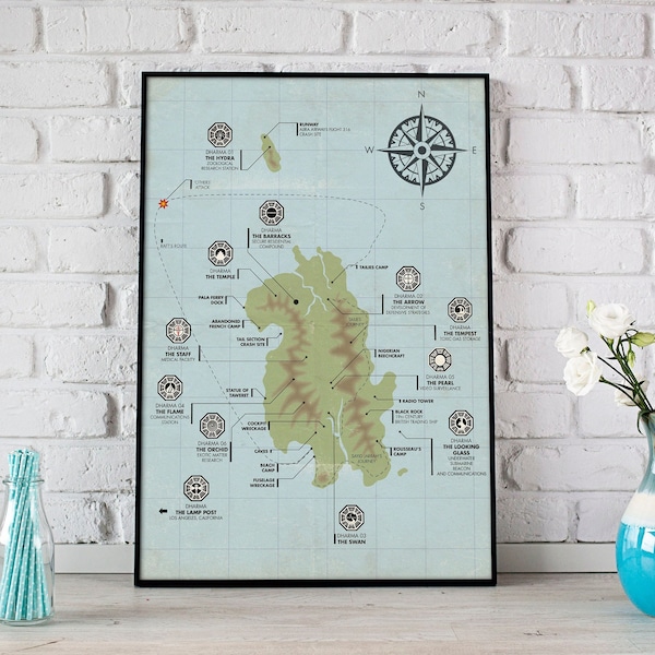 Lost Inspired - Dharma Station Locations Island Map TV Prop Replica A4 A3 A2 Art Print