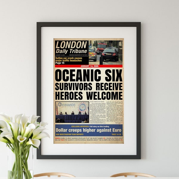 Lost Inspired - London Daily Tribune -  Oceanic Six: Survivors Receive Heroes Welcome - Replica Newspaper A4 A3 A2 A1 Art Print