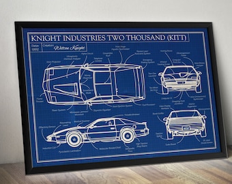 Knight Rider Inspired Knight Industries Two Thousand - KITT Blueprint A4 A3 A2 A1 Art Print