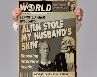 Impresión artística de periódico inspirada en Hombres de Negro: Los extraterrestres robaron la piel de mi esposo