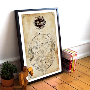 May include: A framed vintage-style map of the Hollow Earth, with a circular design and text that reads "Map of the Hollow Earth". The map is printed on aged paper with a brown background and features various locations and details.