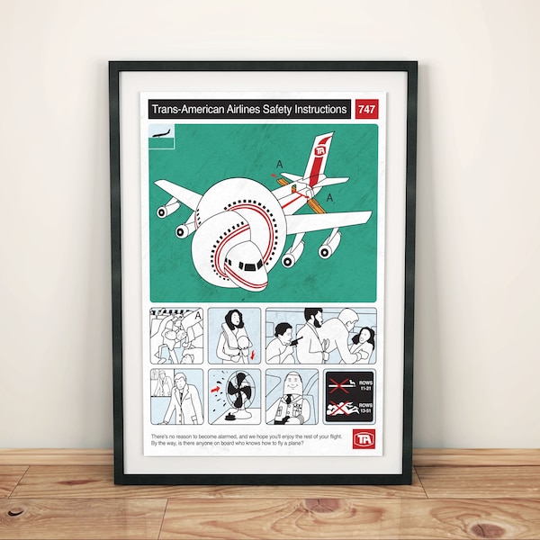 Airplane! Inspired Trans America Airlines Safety Instructions Prop A4 A3 & A2 Art Print