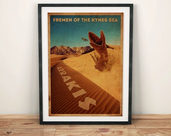 Fremen de la mer de Kynes - une impression d'art de voyage vintage de ver des sables d'Arrakis de style rétro inspiré des dunes A2 A3 A4 + carte postale A6