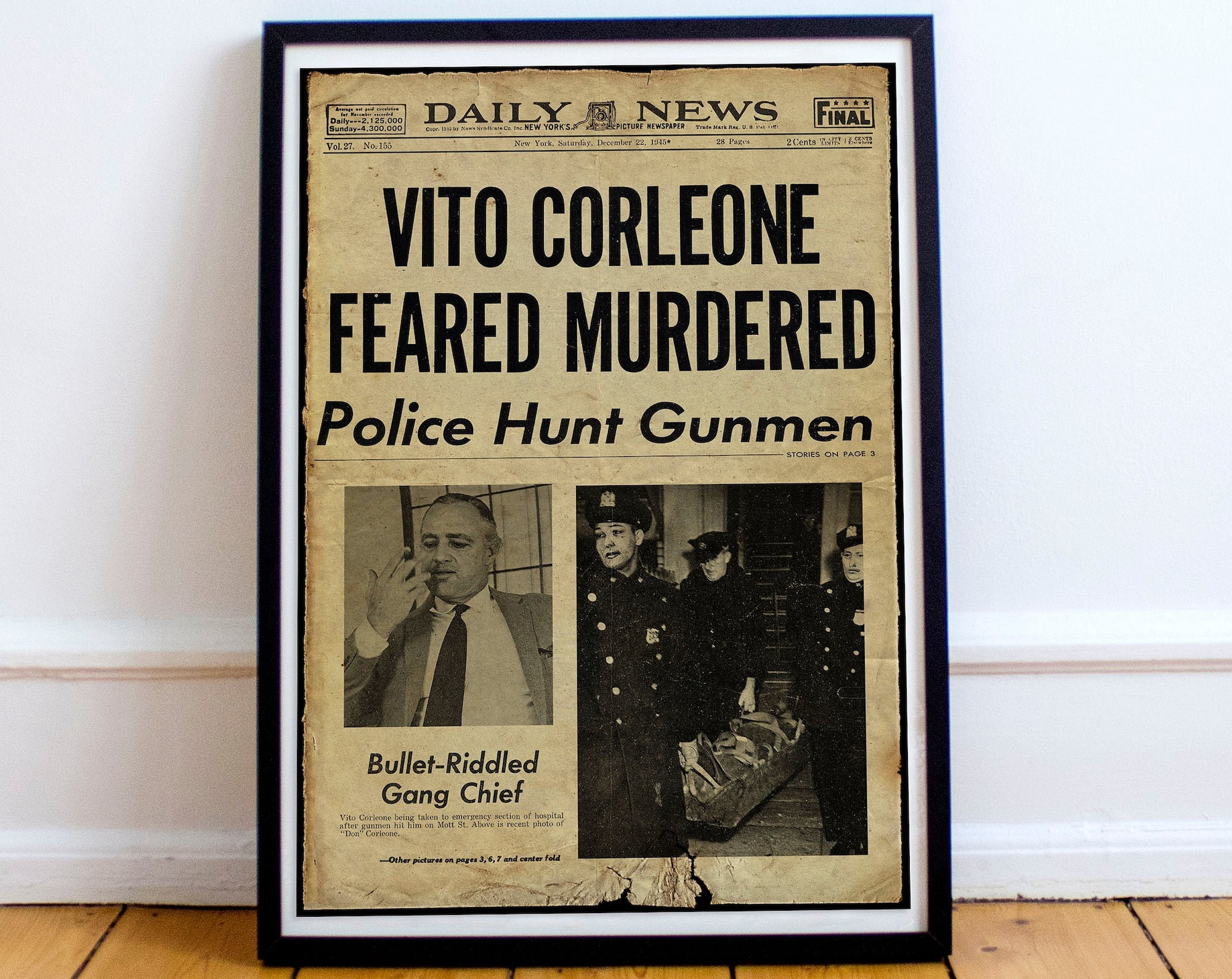 Godfather Inspired Daily News Movie Prop Vito Corleone Vintage Style Newspaper