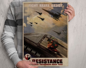 Retro Star Wars Inspired Poe Dameron Black Squadron Resistance X-Wing Propaganda A2 A3 A4 + A6 Postcard + USA Sizes Art Print