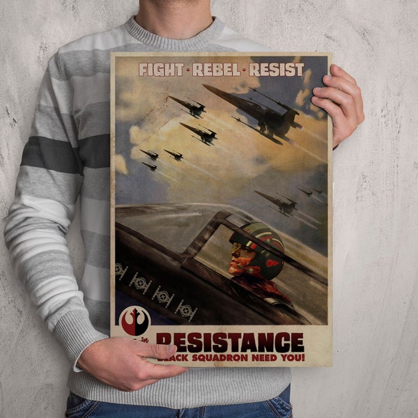 Retro Star Wars Inspired Poe Dameron Black Squadron Resistance X-Wing Propaganda A2 A3 A4 + A6 Postcard + USA Sizes Art Print