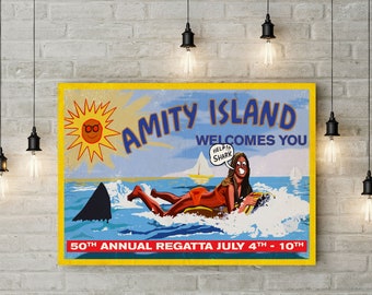 Jaws Inspired Amity Island "Help! Shark" Billboard Prop A4 A3 A2 & A1 Art Print + A6 Postcard