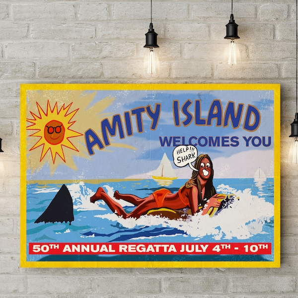 Jaws Inspired Amity Island "Help! Shark" Billboard Prop A4 A3 A2 & A1 Art Print + A6 Postcard