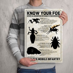 Può includere: Un poster in bianco e nero con il titolo "Know Your Foe" e silhouette di vari insetti con descrizioni delle loro caratteristiche. Il poster include anche il testo "Report all encounters with bugs to your supervisor" e "Join the Mobile Infantry".