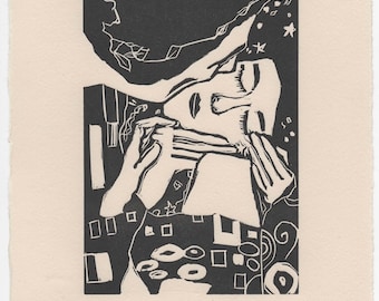 Original 'The Kiss, after Gustav Klimt' Lino Print