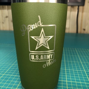 Custom &quot;Proud ARMY Mom&quot; Laser Engraved 20oz Insulated Tumbler w/Clear Lid & Straw NEW Free Shipping Military Veteran Navy Marines Air Force