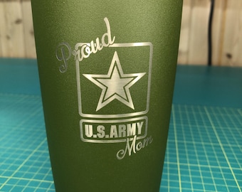 Custom "Proud ARMY Mom" Laser Engraved 20oz Insulated Tumbler w/Clear Lid & Straw NEW Free Shipping Military Veteran Navy Marines Air Force