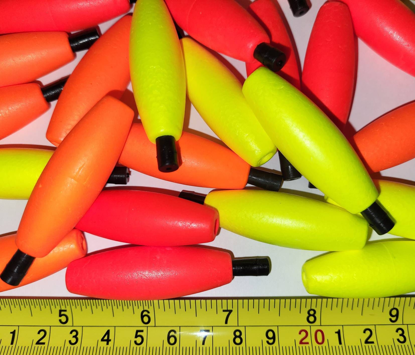 100 of the 2 Inch Styrofoam Cigar Shaped Peg Fishing Floats. 2, Wholesale,  Choose Bright Red, Bright Orange, Bright Yellow or Assorted. 