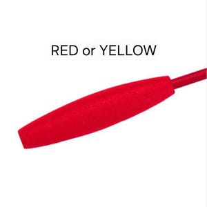 May include: A close-up of a red, cylindrical, foam float for fishing. The text "RED or YELLOW" is visible above the float.