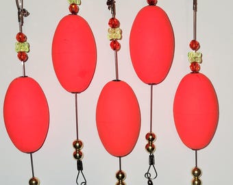 Popping Float Rigs, 5 Rigs, Bright Red, 2-1/2 inch Oval Floats. Choose Wire or Monofilament Leaders, 9 and 10 inch lengths.