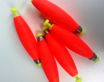 10 Weighted, Snap-On Styrofoam Fishing Floats, Choose 2",  2-1/2 or 3 inch length, bright red color