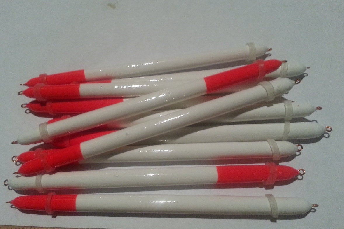 Balsa Pencil Float, 5 floats, Fire Orange/White, 5 inch length