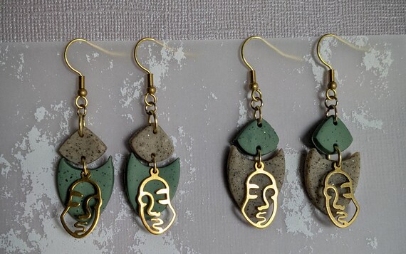 Clay Earrings Raw Brass Face Earrings Handmade Polymer Clay