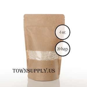 20 4 oz Kraft paper stand up pouches with window, food grade packaging supply, resealable zipper bag, recloseable gift bag, tea, coffee