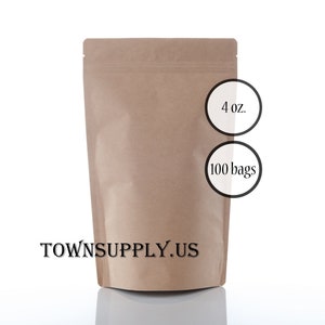 100 4 oz Kraft stand up pouches, food safe packaging, resealable zip pouch, recloseable package, zipper coffee bags, tea shop supply