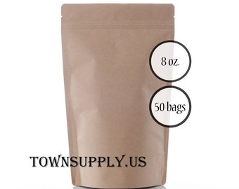 50 8 oz Kraft foil lined stand up bags, food safe packaging, resealable zip bags, reclosable packaging, food grade party favor, heat seal