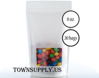 20 8 oz white Kraft paper stand up pouches with clear window bakery bag, food grade packaging, resealable zipper, recloseable cookie bags