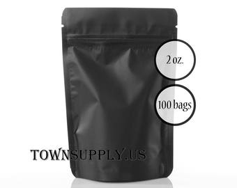 100 2 oz matte black stand up pouches, foil lined storage zipper bags, food safe packaging supply, small resealable containers, TownSupply