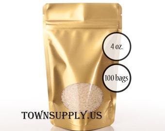 100 4 oz gold stand up pouches with clear oval window, holds 1.7 cups, food grade packaging, resealable reclosable zip bag, Town Supply