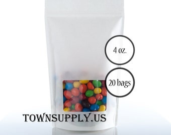20 4 oz white Kraft paper stand up pouches with clear window, food grade bags, bakery packaging, resealable zipper, recloseable cookie bags