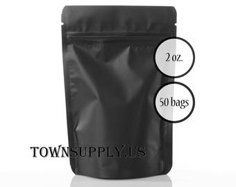 50 2 oz matte black stand up pouches foil lined, storage zipper bags, food safe packaging supply, small resealable containers TownSupply