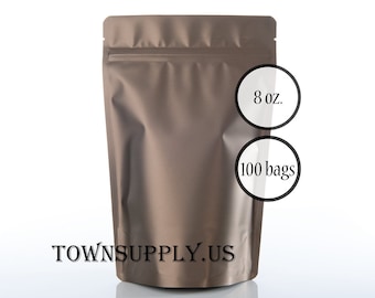 100 8 oz matte bronze stand up pouches, foil lined storage bags, food grade product packaging, resealable zip bags, wedding party favors