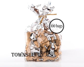 100 4 x 2.5 x 9.5 dogs & bones print clear polypropylene gusset bags - puppy treats - food safe recyclable package - heat sealable bag