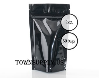50 2 oz shiny black stand up pouches, foil lined storage zipper bags, food safe packaging supply, small resealable containers, Town Supply