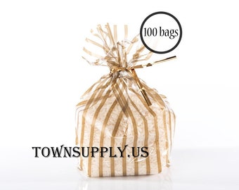 May include: A pack of 100 gold and white striped cellophane bags with a gold ribbon. The bags are filled with white rice. The text "TOWN SUPPLY.US" is printed on the front of the bags.