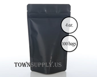 100 4 oz matte black stand up pouches, foil lined storage zipper bag, food safe packaging supply, small resealable containers, Town Supply