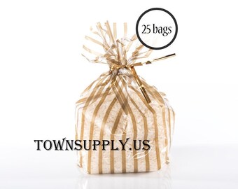 25 - 3.5" x 2" x 7.5" gold vertical stripe printed polypropylene gusset bags - recyclable sleeves - food safe packaging - heat sealable bags