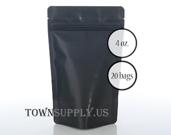 20 4 oz matte black stand up pouches, foil lined storage zipper bags, food safe packaging supply, small resealable containers, Town Supply