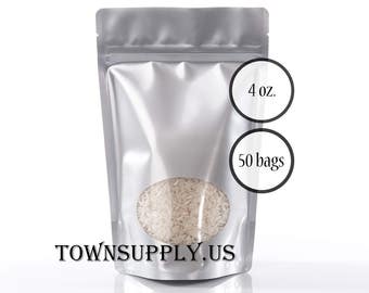 CLEARANCE 50 4 oz silver poly stand up pouches with clear oval window, food grade bag, cookie packaging, resealable zipper, wedding favors
