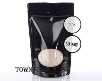50 4 oz black poly stand up pouches with clear oval window, food grade bag, Town Supply packaging, resealable zipper, zip bag stand bag